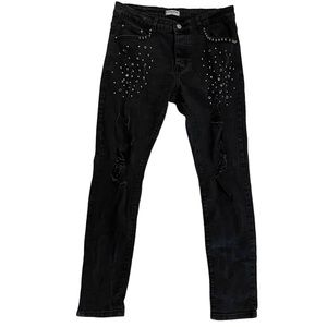Balanciaga Jeans Mod Omya Crop Studded Distressed Black Denim Women Size 33
